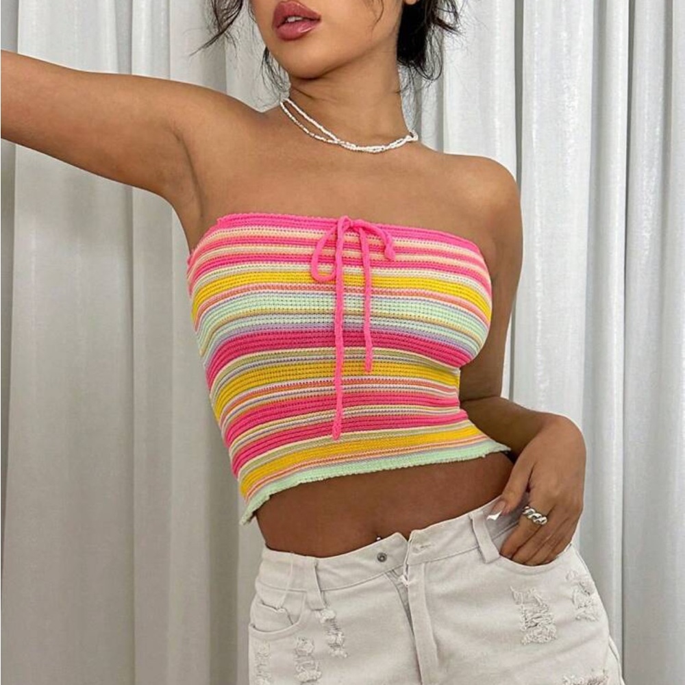 Rebellious Rose Striped Crochet Tube Crop Top - Pink, Yellow, Mint